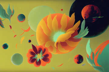 Obraz na płótnie Canvas Abstract composition of various colorful flowers, plants and shapes. Generative AI illustration. 