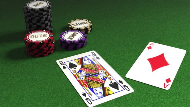 Cards dealt onto a poker table with piles of gambling chips - poker hands - Ace of Diamonds and Queen of Spades - 21 Pontoon