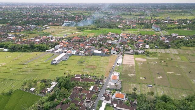 Drone top view Indonesian housing and transportation, Batubulan, Gianyar, Bali
