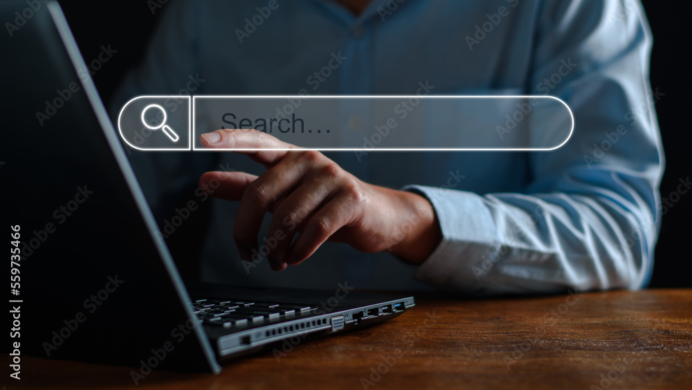 Poster data search technology search engine optimization. business people are searching for information in 