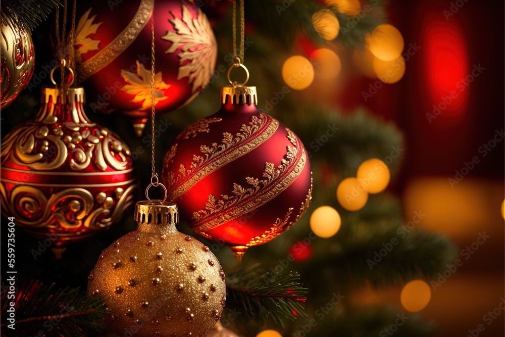 Aufkleber a christmas tree with ornaments hanging from it's branches and lights in the background., generative