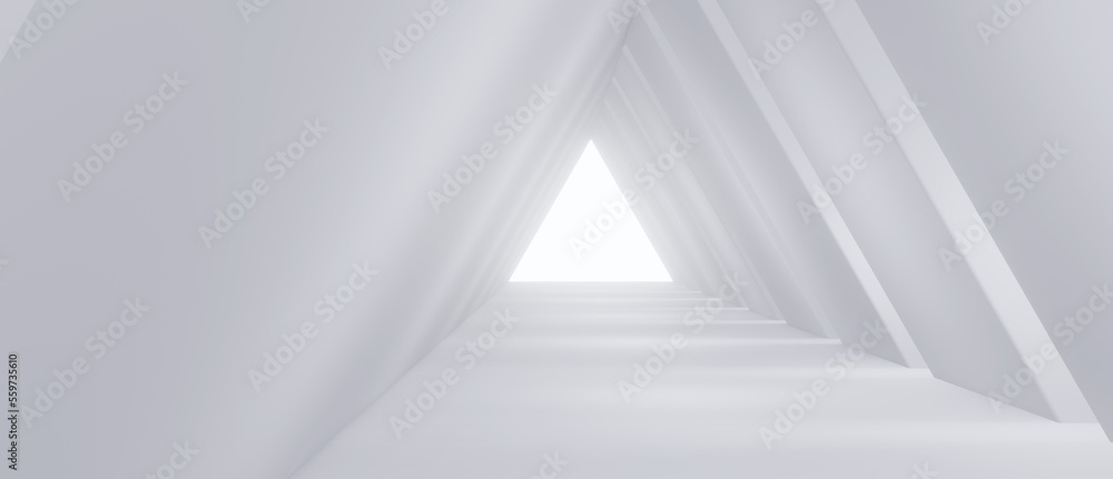 Poster concept future. empty long light corridor. modern white background. futuristic sci-fi triangle tunne