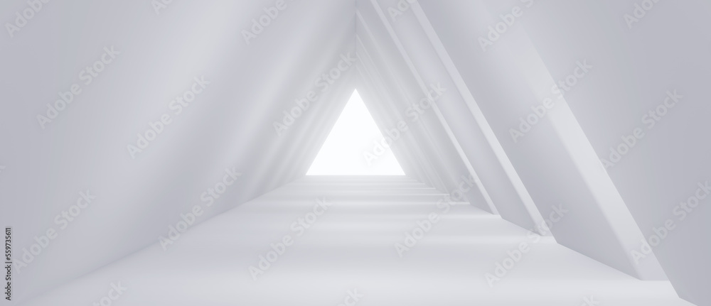Poster concept future. empty long light corridor. modern white background. futuristic sci-fi triangle tunne