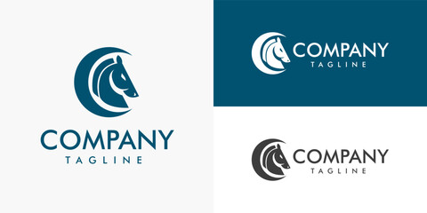 Horse Head Chess Knight Night Crescent Moon Logo Design Vector Template for Brand Business Company