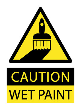 Caution, wet paint. Yellow triangle sign with paintbrush . Text below.