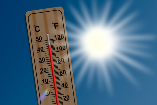 Ilustração com um termometro de madeira a assinalar 45 graus celcius de temperatura, muito calor