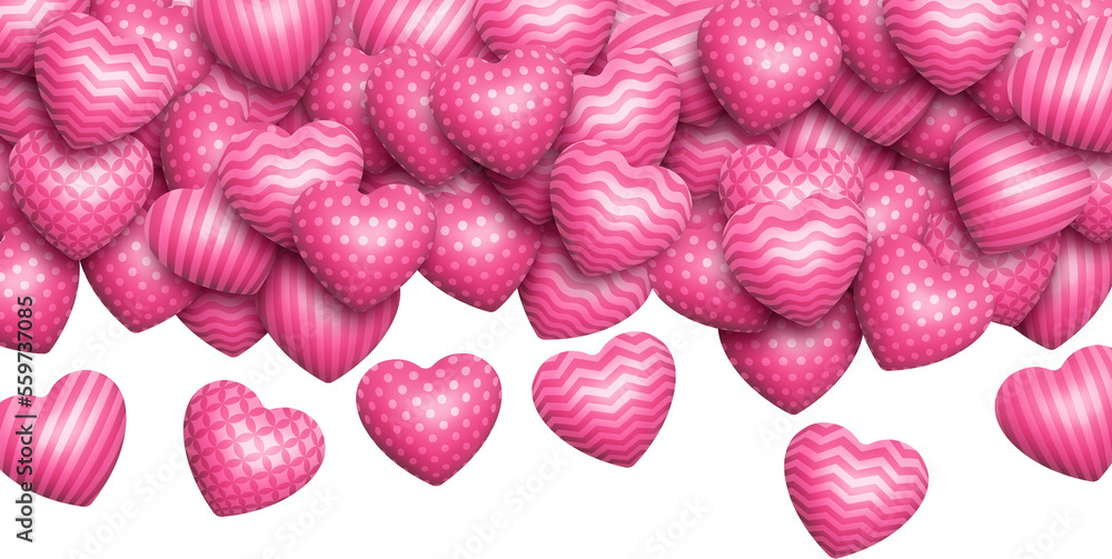 Poster scattered falling pink various patterned shiny realistic 3d hearts isolated border abstract backgrou