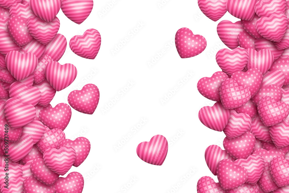 Poster realistic scattered falling pink various patterned shiny 3d hearts isolated frame abstract design el