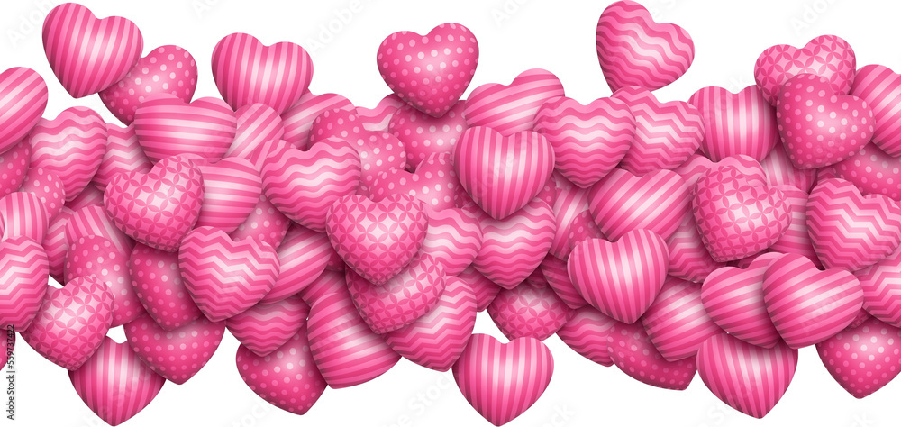 Poster scattered falling pink various patterned shiny realistic 3d hearts seamless border isolated abstract