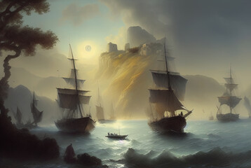 A mountainous island shrouded in mist with rudimentary medieval ships . Generative AI