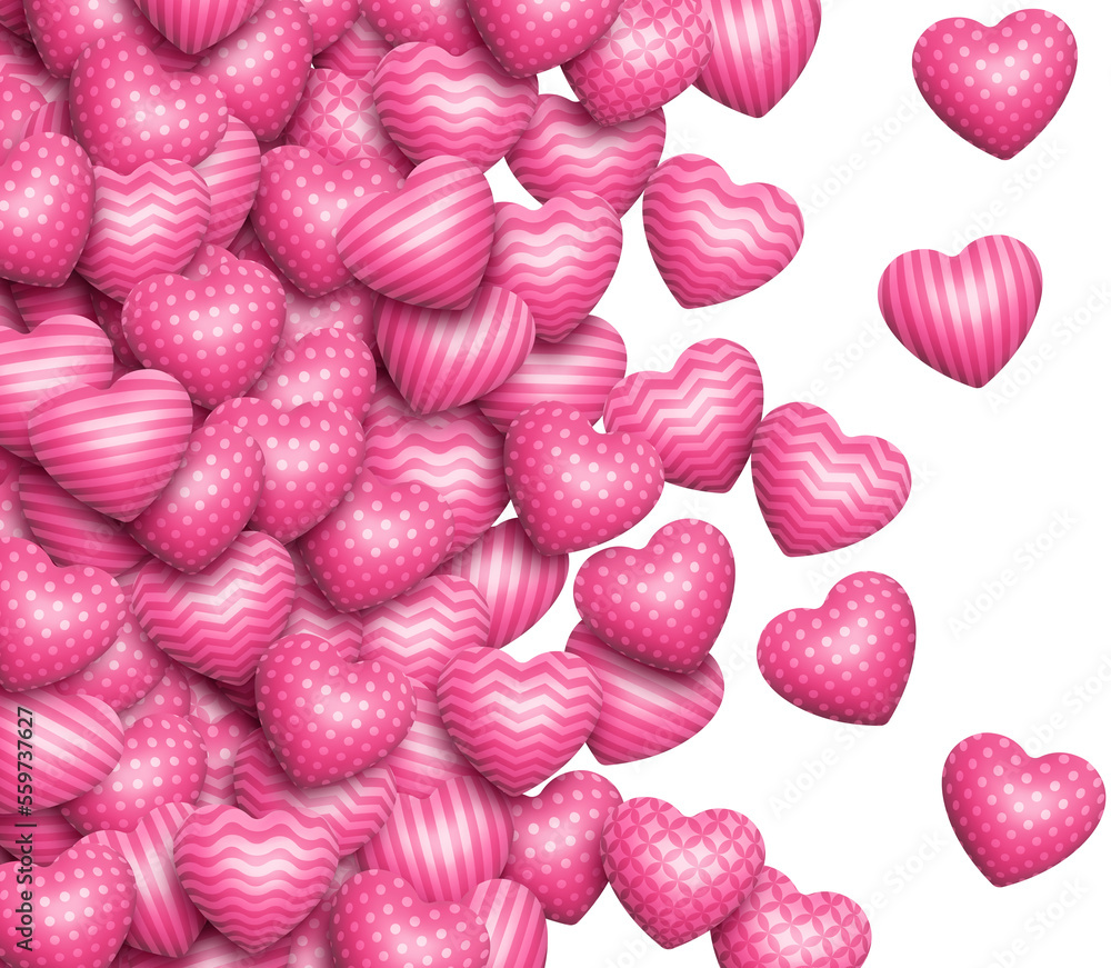 Poster abstract realistic scattered falling pink various patterned shiny 3d hearts border isolated design e
