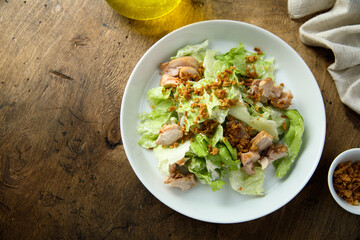 Homemade chicken salad with crunchy onion