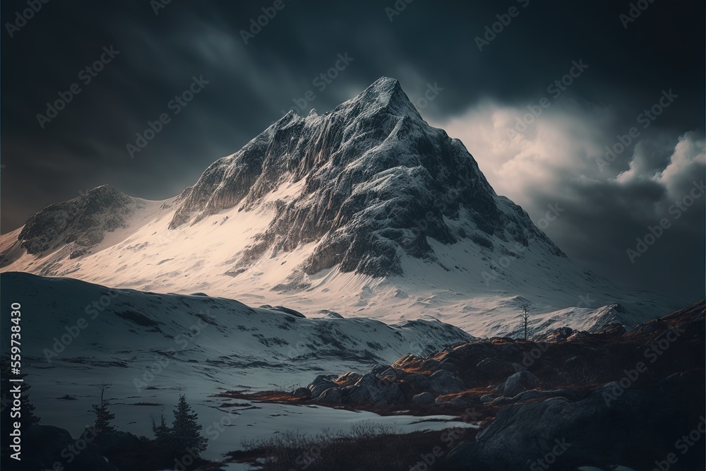 Poster a mountain covered in snow under a cloudy sky with a dark sky above it and a few trees below., gener
