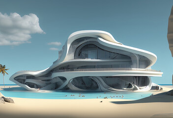 Obraz premium a building sideview with a swimming pool standing at the beach. Generative AI