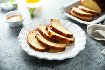 Homemade citrus loaf cake with orange marmalade