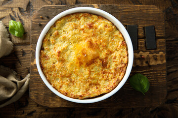Homemade potato souffle with egg yolks