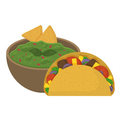 Illustration of guacamole with tacos. Traditional Mexican food.