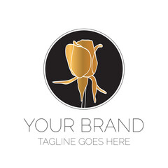 Gold Rose Logo Design. Round Floral Logo on Black Circle