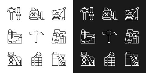 Mining industry related pixel perfect linear icons set for dark, light mode. Heavy equipment. Coal processing plant. Thin line symbols for night, day theme. Isolated illustrations. Editable stroke