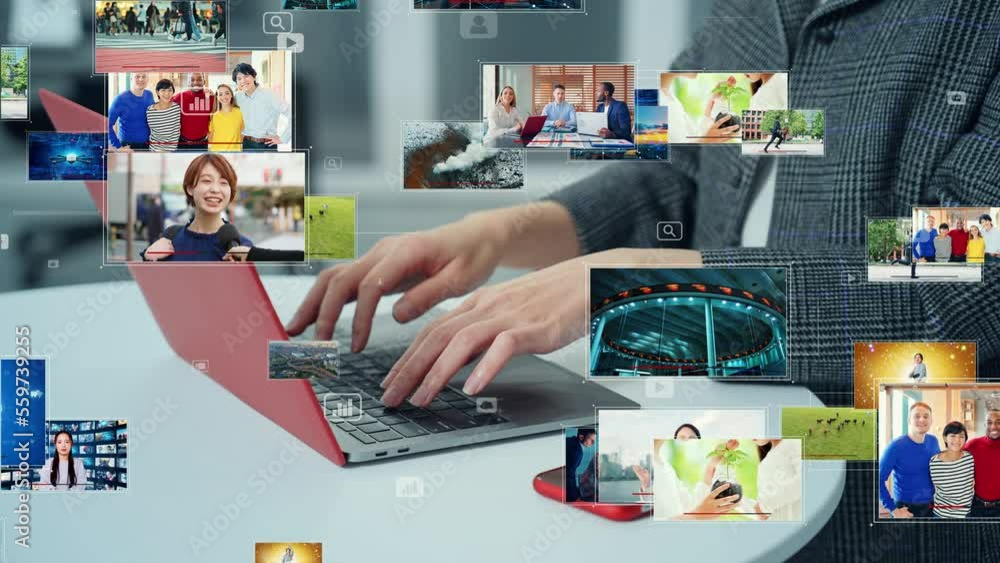 Aufkleber PC user and various video screens. Streaming video. Video distribution service. NFT. Non-fungible token. Image generation AI.