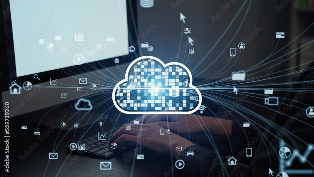 Fototapete PC user and cloud computing concept. Digital transformation.