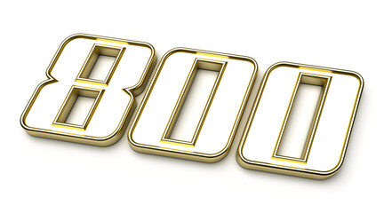 Isolated Number 800 or Eight Hundred in Golden Metallic Shape, 3D Render Illustration.