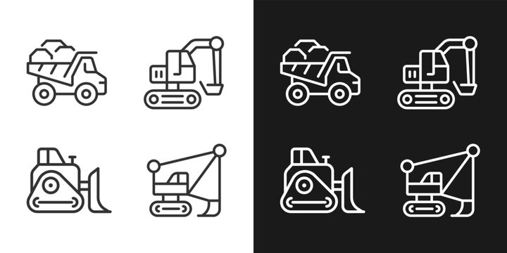 Mining vehicles pixel perfect linear icons set for dark, light mode. Heavy equipment. Coal mining industry. Excavator. Thin line symbols for night, day theme. Isolated illustrations. Editable stroke