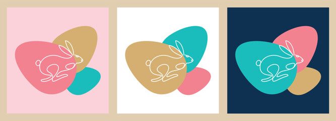 One continuous line drawing of a running bunny against a background of colorful Easter eggs