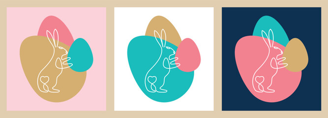 One continuous line drawing of a standing rabbit against a background of colorful Easter eggs