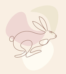 Poster with one continuous line drawing of a running bunny