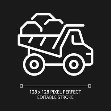 Dump truck pixel perfect white linear icon for dark theme. Dumper lorry. Heavy materials transportation. Coal mining. Thin line illustration. Isolated symbol for night mode. Editable stroke