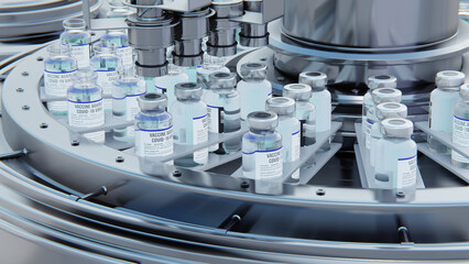 Close up 3d render. Covid-19 vaccine manufacturing, machine puts caps on bottles vials passing on conveyor belt. Clear blue liquid.