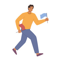 Leader of company running with flags, isolated man personage setting and achieving goals. Success and personal growth, development. Flat cartoon character vector