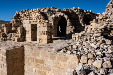 picturesque ancient ruins of Shobak fortress in Jordan on a sunny day against the blue sky