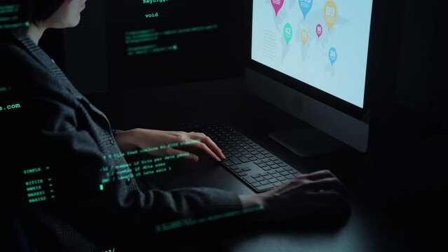 PC user and programming code. System engineering. Cyber security. Hacker.