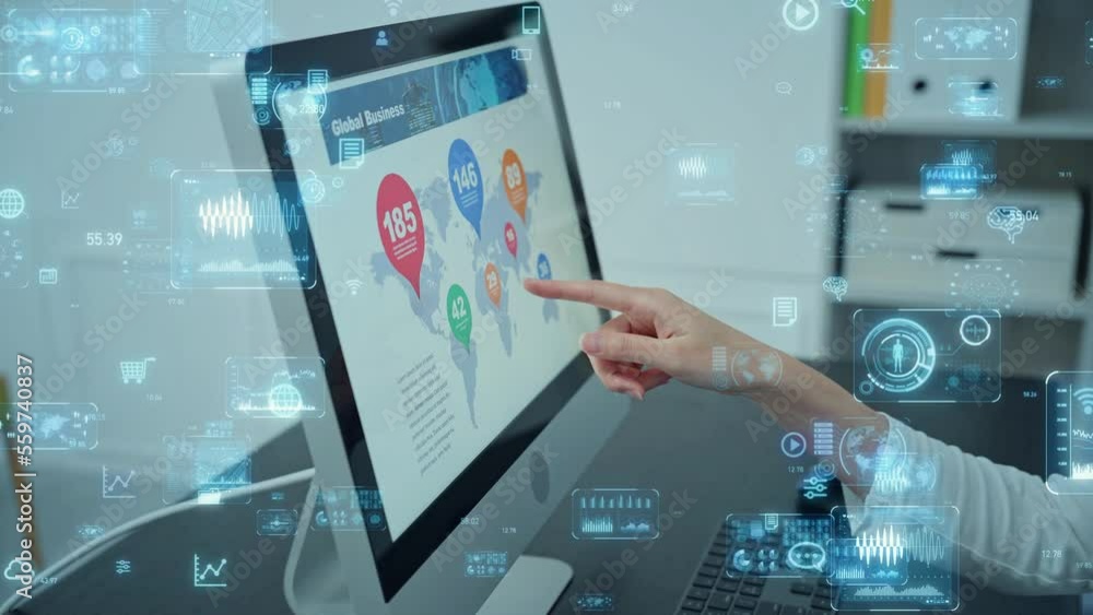 Poster PC user and Digital data concept. Digital transformation. Information communication technology.