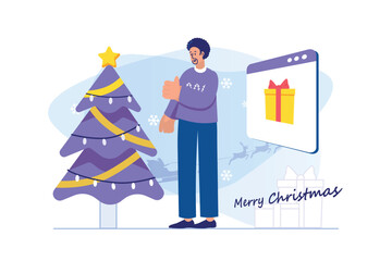 Merry Christmas concept with people scene. Man is preparing to celebrate holiday, decorating festive tree, ordering gifts online. Illustration with character in flat design for web banner