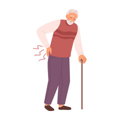 Backache of grandfather with walking stick. Isolated senior personage, pensioner or elderly man with health problems. Flat cartoon character, vector illustration