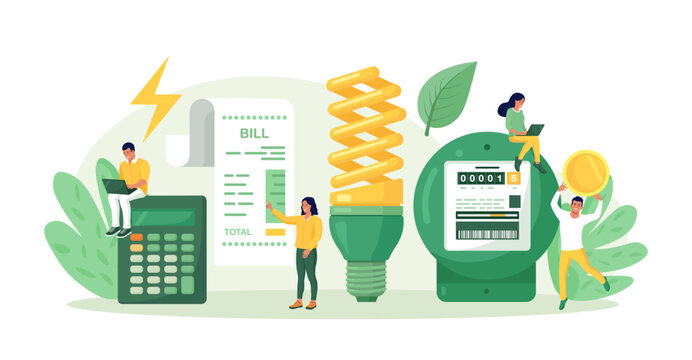Utility bills payment. Electricity consumption expenses. People reduce energy consumption at home, use energy saving light bulb. Power save concept. Household energy and resources, meter installation