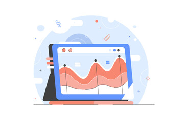 Graphic Report Vector Illustration Financial analytics. Tablet with Stock Graph, chart advertising web banner. Tablet invest. 