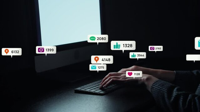 暗い部屋でパソコンを使う女性とSNSイメージ