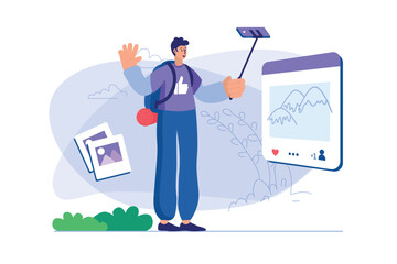 Video blogging concept with people scene. Man records travel or lifestyle video, does live streaming for subscribers from mobile phone. Illustration with character in flat design for web banner