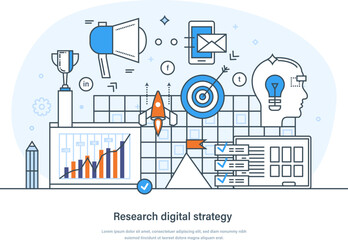 Research digital strategy business concept for banner and website. Digital marketing strategy, media planning, service, analytics, financial analysis and statistics thin line design of vector doodles