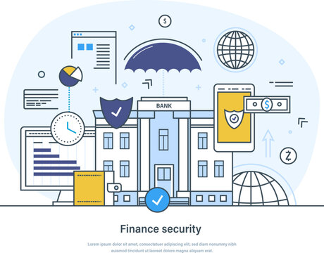 Finance Security Services To Protect Personal Data And Payments Security. Protection Of Finance, Cash Deposits, Purchases And Money Transfers Thin Line Design Of Vector Doodles