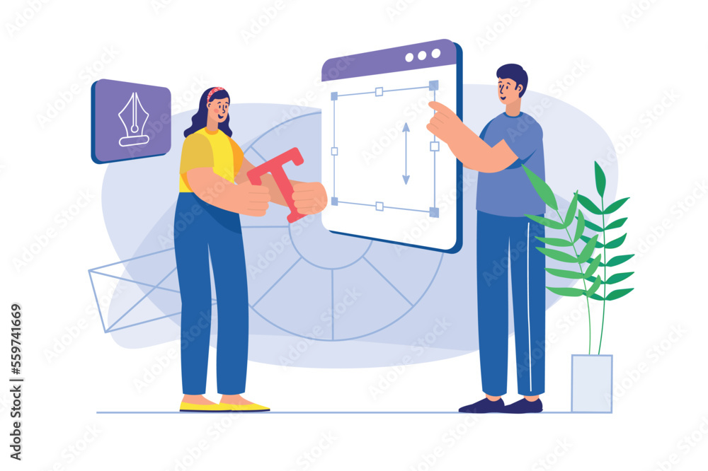 Poster design studio concept with people scene. man and woman designers are working on website layout, prot