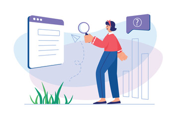 Searching opportunities concept with people scene. Woman with magnifier looks for best career offers and sends her resume online. Illustration with character in flat design for web banner