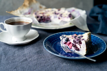 Homemade cottage cheese casserole or pudding with blueberry