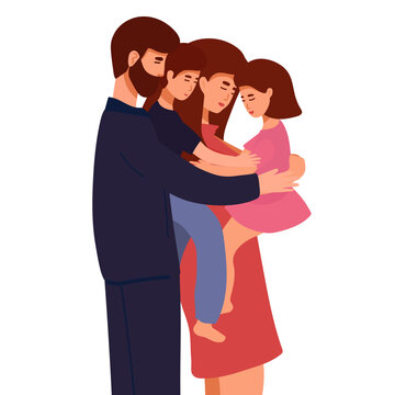 vector illustration of a happy family, mother father daughter son holding hands and hugging, complete prosperous family vector.