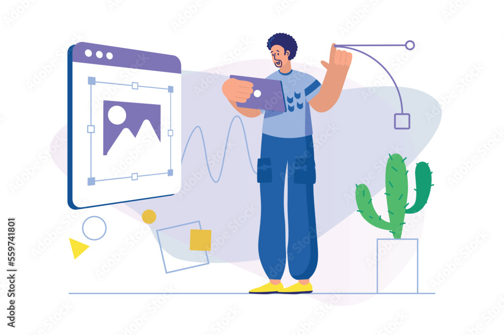 Poster design studio concept with people scene. man designer drawing digital pictures, making visualization