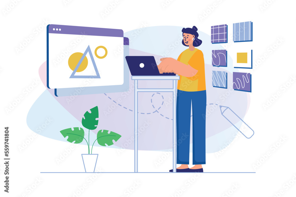 Poster design studio concept with people scene. woman designer drawing digital pictures and working with pa